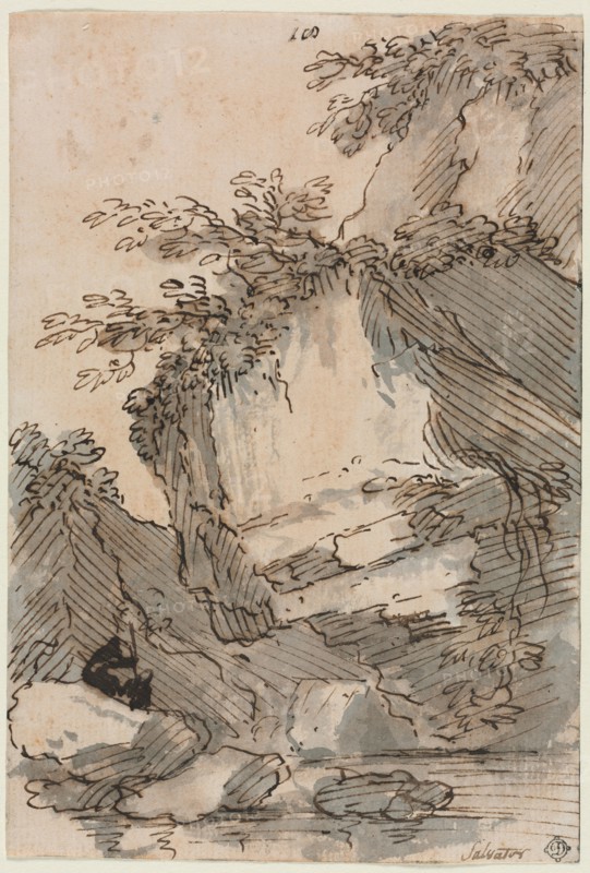 Figures by a Rocky Pool, 1660/1673. Salvator Rosa (Italian, 1615-1673). Pen and brown ink and brush and gray and brown wash; traces of framing lines in brown ink ; sheet: 18.3 x 12.5 cm (7 3/16 x 4 15/16 in.).