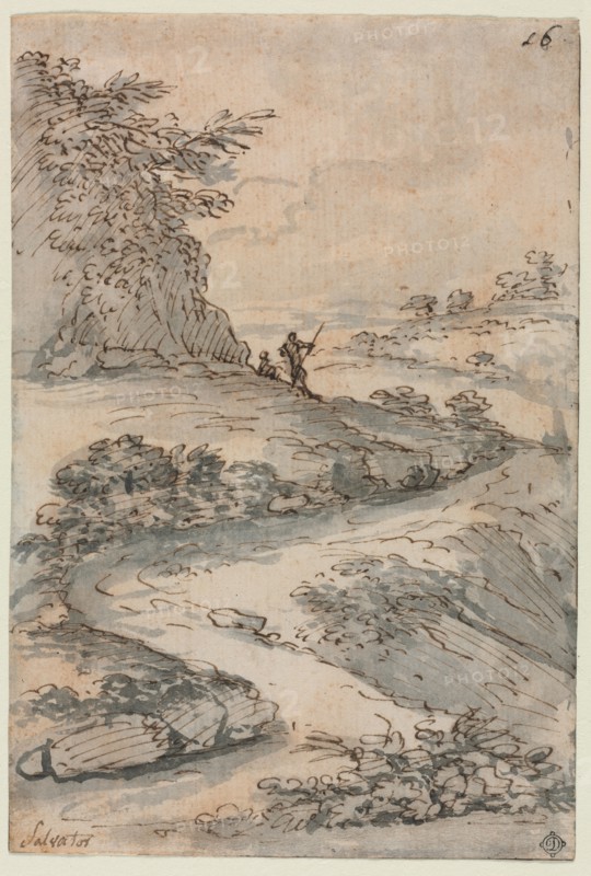 Figures on a Winding Road, mid-1600s. Salvator Rosa (Italian, 1615-1673). Pen and brown ink and brush and gray and brown wash, traces of framing lines in brown ink; sheet: 18.4 x 12.5 cm (7 1/4 x 4 15/16 in.).