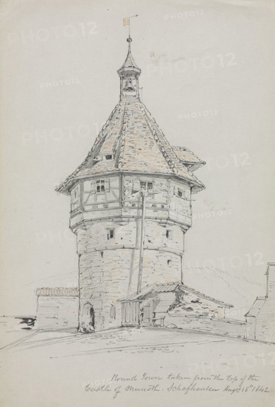 Round Tower, Castle of Munoth, Schafhausen, Switzerland, 1842. John William Casilear (American, 1811-1893). Graphite and orange and yellow crayon, with traces of black and white paint; sheet: 30.4 x 19.8 cm (11 15/16 x 7 13/16 in.).