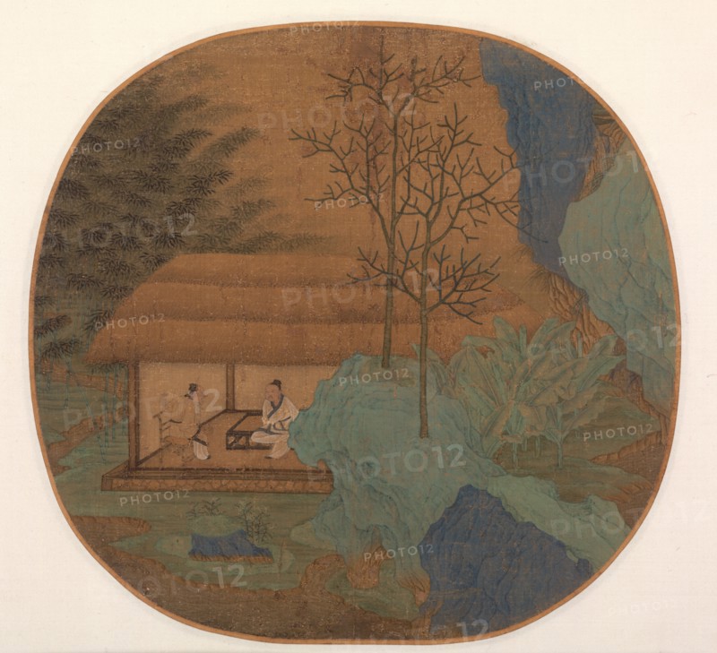Conversation in a Thatched Hut, late 1200s. China, Southern Song dynasty (1127-1279). Album leaf; ink and color on silk; overall: 26 x 27.3 cm (10 1/4 x 10 3/4 in.).