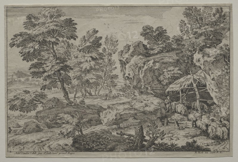 Various Landscapes: Landscape with Shepherds and two Flocks, second half 1600s. Adrian van der Cabel (Dutch, 1631-1705), Nicolas Robert. Etching; sheet: 16.6 x 24.7 cm (6 9/16 x 9 3/4 in.).