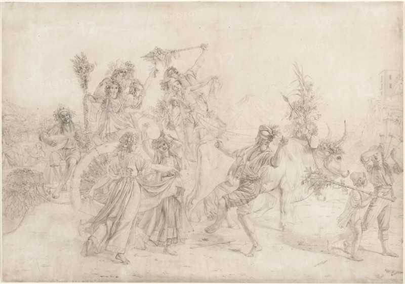 Pilgrims Returning from the Feast Day of the Madonna dell'Arco, 1827. Léopold Robert (Swiss, 1794-1835). Pencil with white ink corrections;