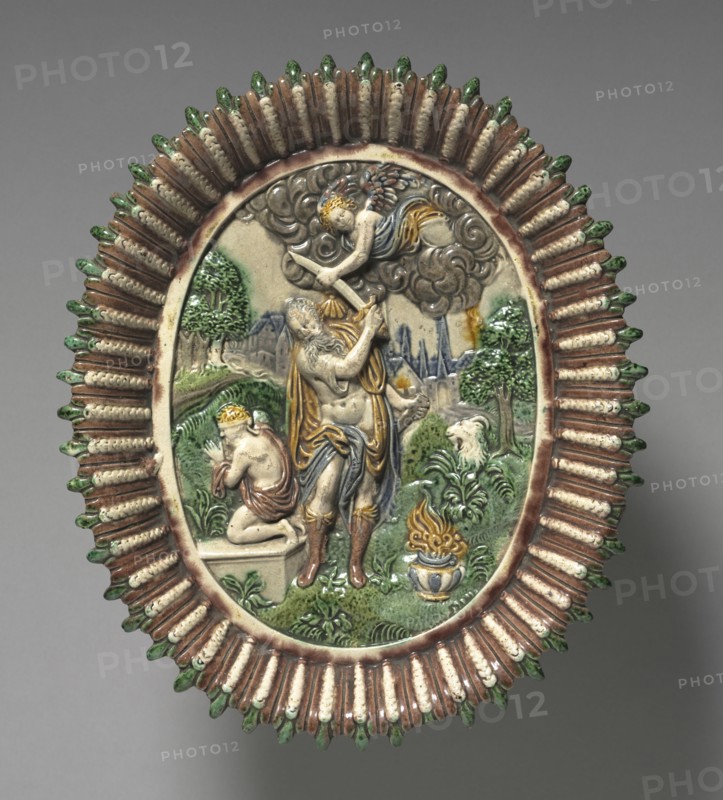Plate: The Sacrifice of Isaac, late 1500s. Circle of Bernard Palissy (French, 1510-1589). Lead-glazed earthenware ; overall: 31.7 x 26.7 cm (12 1/2 x 10 1/2 in.).