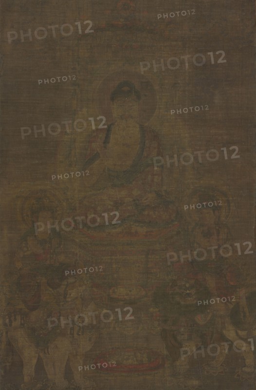 Shakyamuni Triad:  Buddha Attended by Manjushri and Samantabhadra, c. 900. China, Tang dynasty (618-907). Hanging scroll; ink and color on silk; overall: 94 x 61.5 cm (37 x 24 3/16 in.).