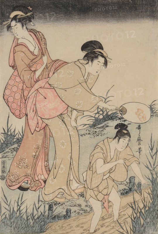 Catching Fireflies Beneath a Willow Tree (right), c. 1796-1797. Kitagawa Utamaro (Japanese, 1753?-1806). Triptych: color woodblock print; sheet: 38.2 x 76.8 cm (15 1/16 x 30 1/4 in.).