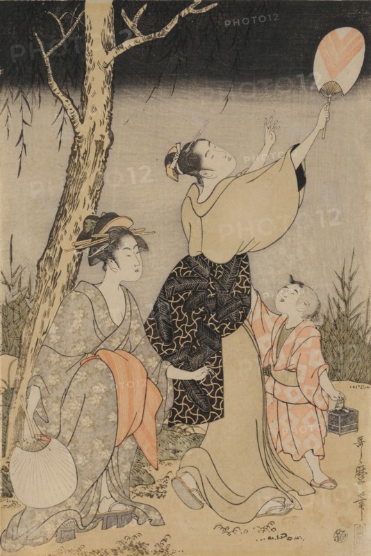 Catching Fireflies Beneath a Willow Tree (left), c. 1796-1797. Kitagawa Utamaro (Japanese, 1753?-1806). Triptych: color woodblock print; sheet: 38.2 x 76.8 cm (15 1/16 x 30 1/4 in.).