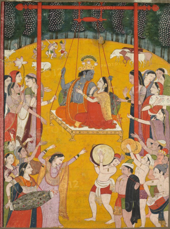 Hindola Raga, c. 1790-1800. Northern India, Himachal Pradesh, Kangra, late 18th century. Opaque watercolor, gold, and ink on paper; image: 20.5 x 15.3 cm (8 1/16 x 6 in.); with mat: 35.5 x 25.4 cm (14 x 10 in.).