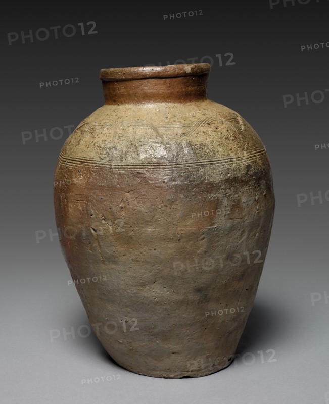 Jar with Incised Combed Shoulder Designs: Bizen Ware, Muromachi Period (1392-1573). Japan, Muromachi Period (1392-1573). Stoneware, ash glaze; diameter: 30.5 cm (12 in.); overall: 41.6 cm (16 3/8 in.).