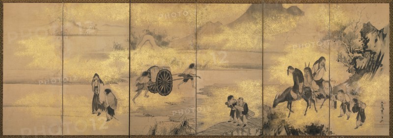 The Eight Immortals of the Wine Cup, later 1700s. Soga Shohaku (Japanese, 1730-1781). Pair of six-panel folding screens, ink and cut-gold foil on paper; overall: 120 x 352.2 cm (47 1/4 x 138 11/16 in.).