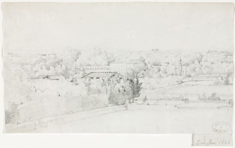 View of the Villa Borghese and its Orangerie from the Villa Medici, 1826. Frederic Bourgeois de Mercey (French, 1805-1860). Graphite; sheet: 17.2 x 28.2 cm (6 3/4 x 11 1/8 in.).