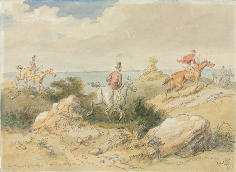 The Pleasures of Hunting. Hablot Knight Browne (British, 1815-1882). Black chalk and watercolor;