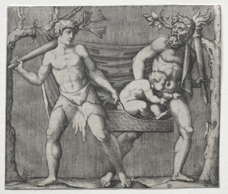 Two Fauns Carrying a Child in a Basket, c. 1513-1515. Marcantonio Raimondi (Italian, 1470/82-1527/34). Engraving
