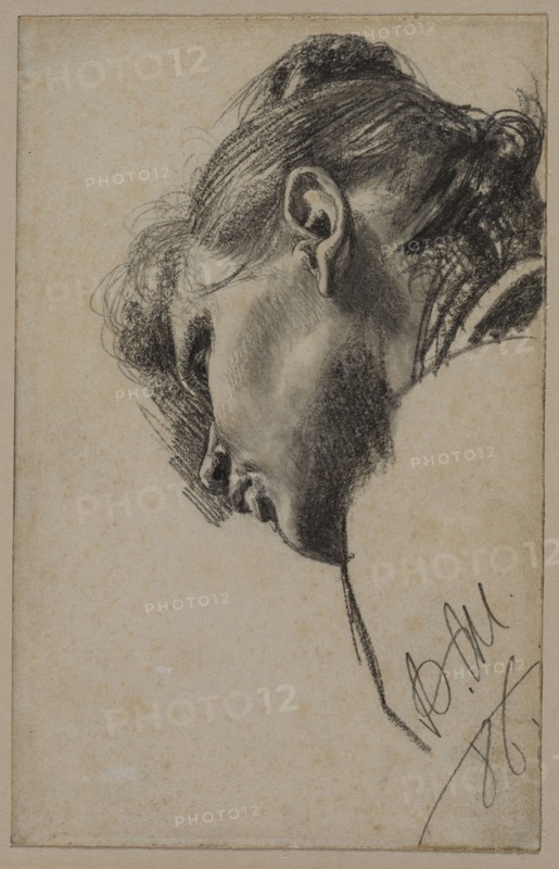 Head of a Young Woman Seen from Below, 1886. Adolph von Menzel (German, 1815-1905). Graphite with stumping (traces of white paint, lower left, unrelated to composition); sheet: 19.9 x 12.6 cm (7 13/16 x 4 15/16 in.).