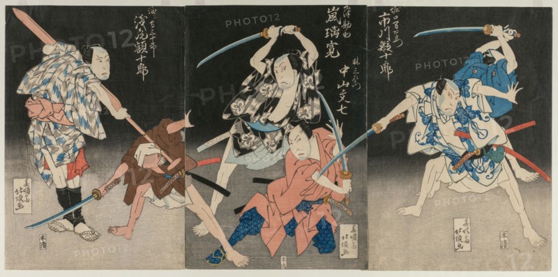 Asao Gaujuro as the Boatman Sanjurol; Nakayama Bunshichi as Hayashi Sanzemon, Arashi Rikan II as Kizu Kansuke; Ichikawa Ebijuro II as Horiguchi Manzaemon, 1829. Shunshosai Hokucho (Japanese). Triptych, color woodblock print; overall: 36.2 x 76 cm (14 1/4 x 29 15/16 in.).
