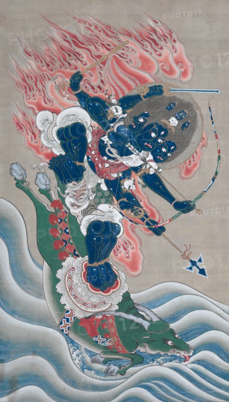 Wisdom King of Great Awe-inspiring Power (Daiitoku myoo), mid-1800s. Japan, Edo period (1615-1868). Hanging scroll; ink, color, and gold on silk;