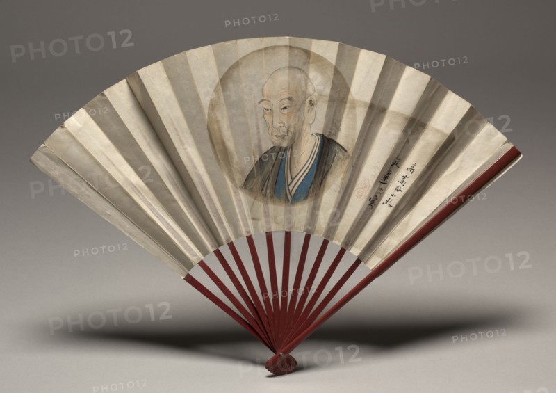 Portrait of Ko Sukoku, possibly 1817. Watanabe Kazan (Japanese, 1793-1841), Tani Buncho (Japanese, 1763-1840). Fan, wood with ink, color, gold, and silver on paper; overall: 17.8 x 45.7 cm (7 x 18 in.).