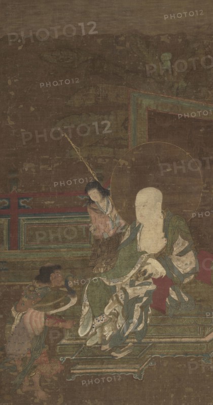Seated Arhat with Two Attendants, late 1200s. China, Southern Song dynasty (1127-1279). Hanging scroll, ink and color on silk; overall with knobs: 201 x 75.5 cm (79 1/8 x 29 3/4 in.); painting only: 94 x 50 cm (37 x 19 11/16 in.).