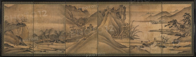Landscape of the Four Seasons, c. 1424. Yi Sumun (Korean, b. c. 1404). One of a pair of six-panel screens; ink and slight color on paper; overall: 108 x 361.3 cm (42 1/2 x 142 1/4 in.); painting only: 92.7 x 348.7 cm (36 1/2 x 137 5/16 in.).