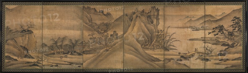 Landscape of the Four Seasons, c. 1424. Yi Sumun (Korean, b. c. 1404). Pair of six-panel screens; ink and slight color on paper; overall: 92.7 x 348.7 cm (36 1/2 x 137 5/16 in.); painting only: 93 x 57.1 cm (36 5/8 x 22 1/2 in.).