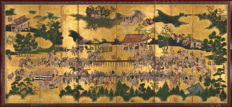Horse Race at the Kamo Shrine, 1615-50. Tosa School (Japanese). Pair of six-panel folding screens, ink and color on gilded paper; image: 161 x 362 cm (63 3/8 x 142 1/2 in.).