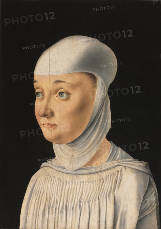 Portrait of a Woman, Possibly a Novice of San Secondo, c. 1490. Jacometto Veneziano (Italian, 1497). Oil on wood; framed: 30.5 x 24 x 3 cm (12 x 9 7/16 x 1 3/16 in.); unframed: 24 x 17.5 cm (9 7/16 x 6 7/8 in.).