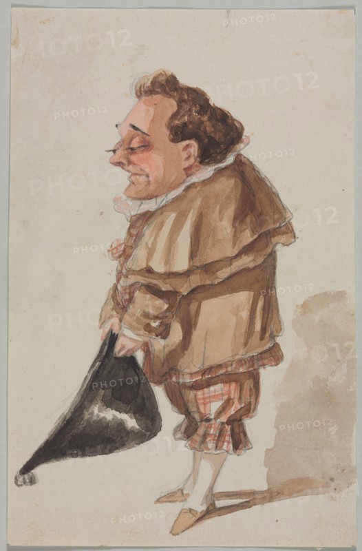 Man with a Large Hat. Paul Gavarni (French, 1804-1866). Pencil with watercolor on paper; image: 17.2 x 12.4 cm (6 3/4 x 4 7/8 in.); mounted: 28.6 x 21.3 cm (11 1/4 x 8 3/8 in.); paper: 19.4 x 12.4 cm (7 5/8 x 4 7/8 in.).