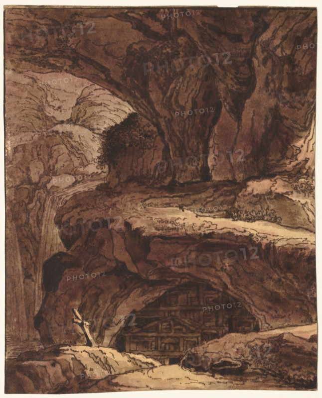 Rocky Landscape with a Cave Chapel, 19th century. Attributed to Johann Martin von Rohoden (Flemish, 1778-1868). Pen and brown ink and brush and brown and purple wash; framing lines in brown ink (left side and top); sheet: 32.5 x 26.3 cm (12 13/16 x 10 3/8 in.); secondary support: 32.8 x 26.3 cm (12 15/16 x 10 3/8 in.).