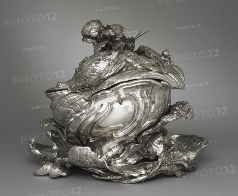 Covered Tureen on Stand (Pot-à-oille couvert), 1735-1738. Juste-Aurèle Meissonnier (French, 1695-1750), Pierre-François Bonnestrenne (French), Henry Adnet (French, 1745). Silver; overall: 36.9 x 38.4 x 31.8 cm (14 1/2 x 15 1/8 x 12 1/2 in.); average: 35 x 38.4 x 31.8 cm (13 3/4 x 15 1/8 x 12 1/2 in.).