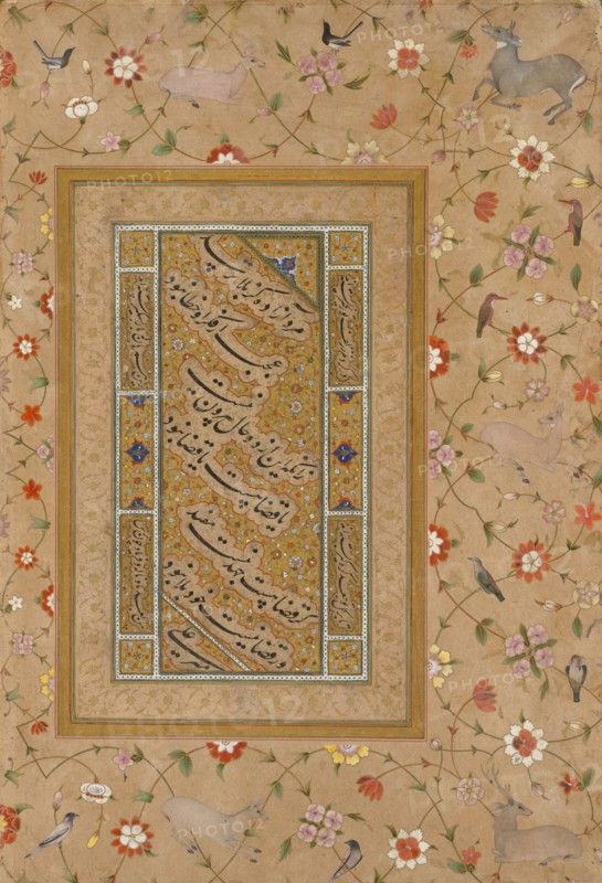 Page from the Late Shah Jahan Album: Persian Calligraphy Framed by an Ornamental Border of Flowers and Birds, c. 1500 to 1540. Mir 'Ali. Opaque watercolor, gold and ink on paper; overall: 36.8 x 25.2 cm (14 1/2 x 9 15/16 in.).