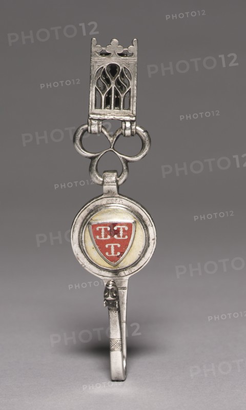 Clavendier (Belt Hook), c. 1400. Netherlands, Gothic period, late 14th century. Silver, gilded silver, champlevé enamel; overall: 15 cm (5 7/8 in.).
