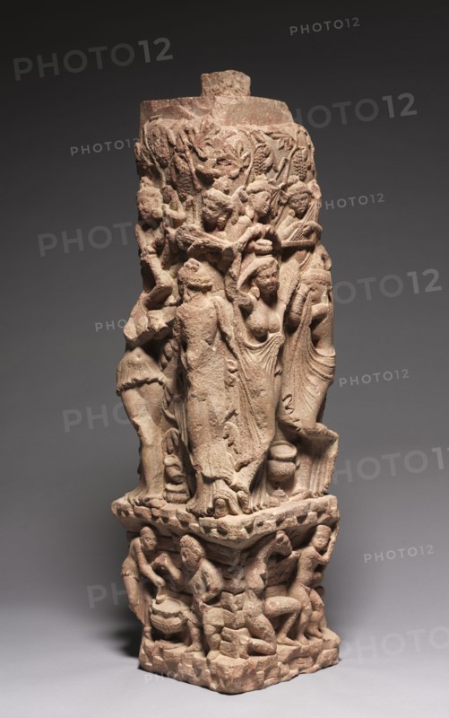Corner Railing Pillar with Drinking Scenes, Yakshis, and Musicians, 100s. India, Mathura, Kushan Period (1st century-320). Red sandstone; overall: 80 cm (31 1/2 in.).