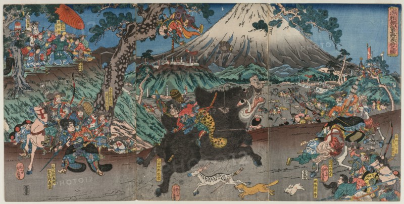 Picture of Minamoto no Yoritomo's Hunt on the Slopes of Mount Fuji, mid 1840s. Utagawa (Ichihosai) Yoshifuji (Japanese, 1828-1887). Color woodblock print; sheet: 36.9 x 74.3 cm (14 1/2 x 29 1/4 in.).
