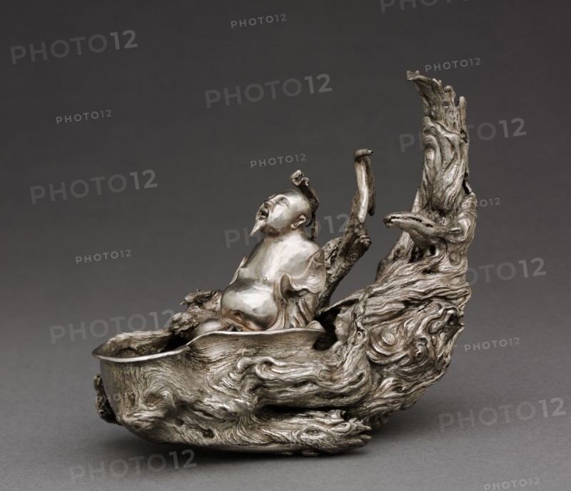 Raft Cup, 1345. Attributed to Zhu Bishan (Chinese, c. 1300-aft 1362). Hammered silver soldered together, with chased decoration; overall: 16 cm (6 5/16 in.).