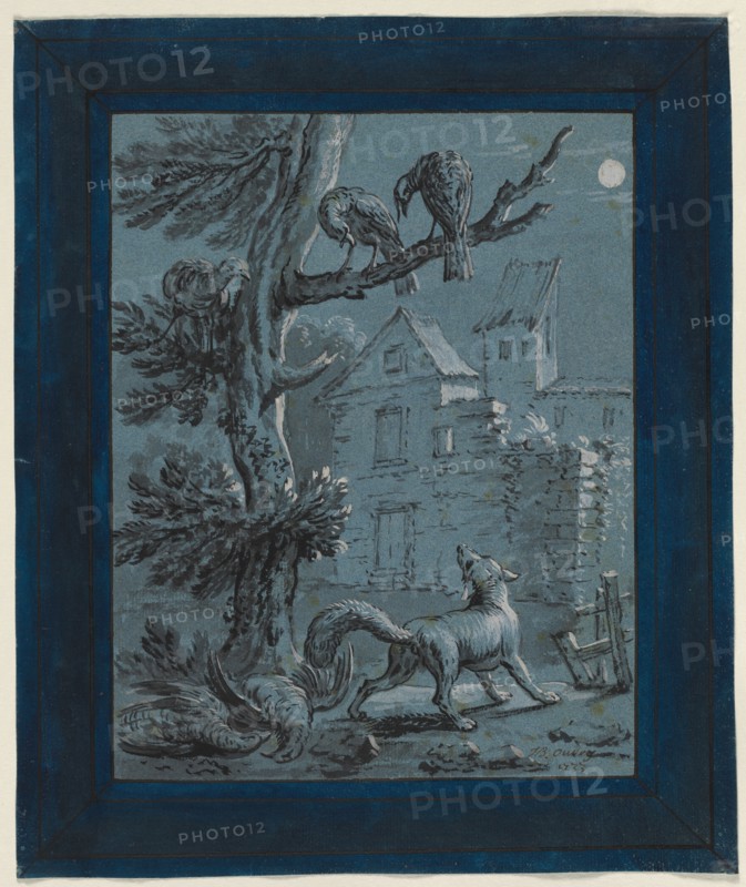 The Fox and the Turkey Hens: Illustration for the Fables of La Fontaine, 1733. Jean-Baptiste Oudry (French, 1686-1755). Brush and black ink and gray wash heightened with white gouache, blue ink in margin; framing lines in brown ink; sheet: 31 x 26 cm (12 3/16 x 10 1/4 in.); image: 24 x 18.8 cm (9 7/16 x 7 3/8 in.).