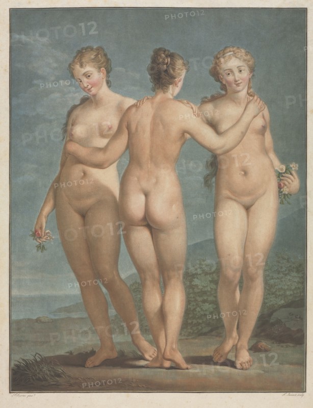 The Three Graces, 1786. Jean François Janinet (French, 1752-1814), after Giovanni Antonio Pellegrini (Italian, 1675-1741). Color wash-manner etching and engraving; sheet: 50.5 x 33.5 cm (19 7/8 x 13 3/16 in.); platemark: 44 x 32 cm (17 5/16 x 12 5/8 in.)