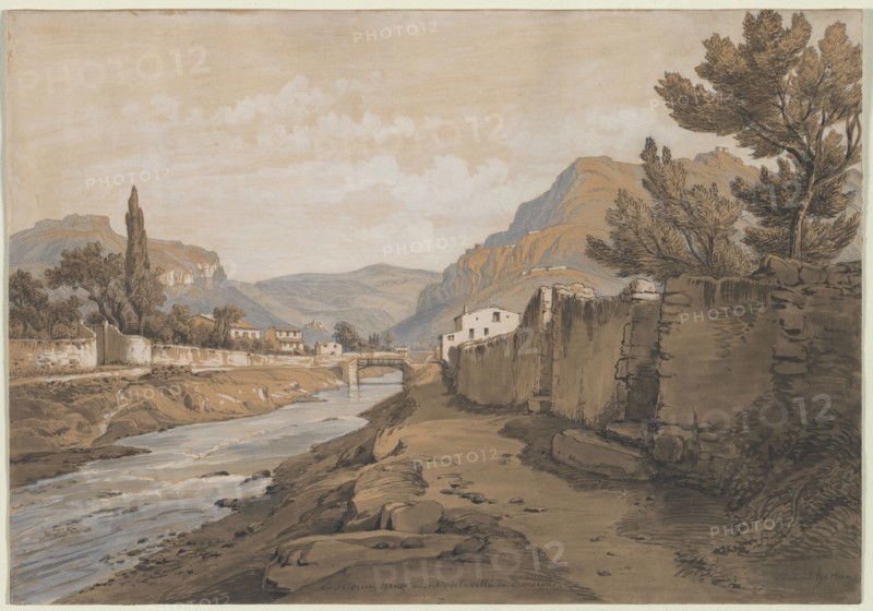 The Neuve River at the End of the Dardenne Valley, 1800s. Edouard Jean Marie Hostein (French, 1804-1889). Pen and brush and black ink, brush and brown and gray wash, and white and gray-blue gouache, over graphite; sheet: 30.5 x 43.8 cm (12 x 17 1/4 in.).