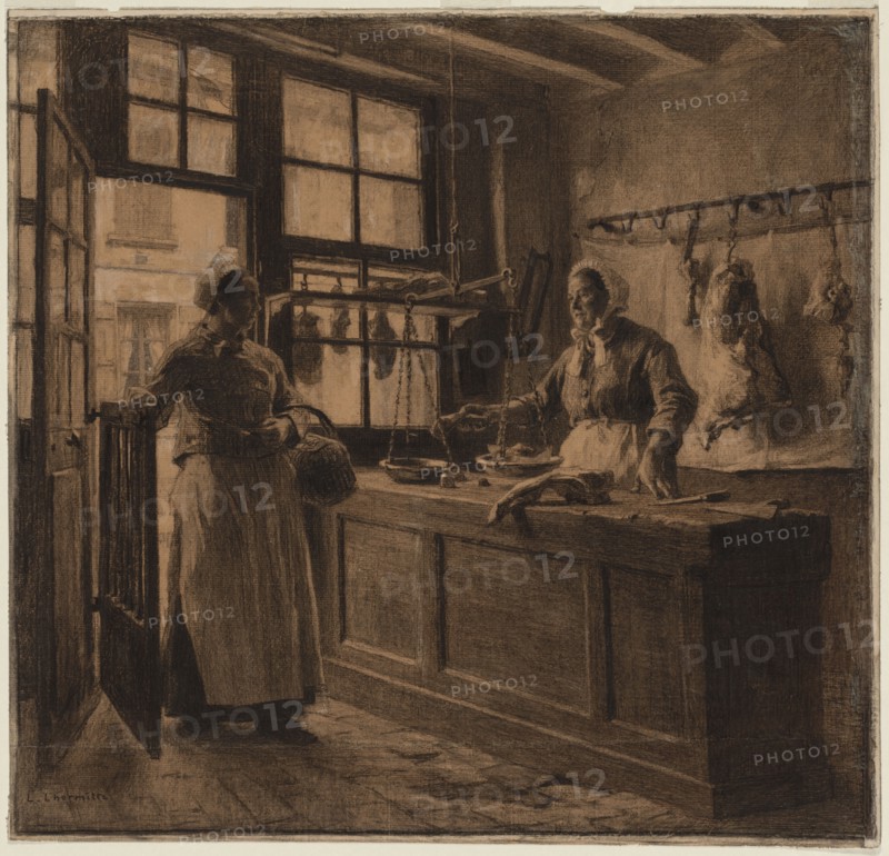 Interior of a Butcher Shop, c. 1881. Léon Augustin Lhermitte (French, 1844-1925). Charcoal and black chalk heightened with white chalk (media continue onto secondary support); sheet: 55.7 x 57.2 cm (21 15/16 x 22 1/2 in.); secondary support: 56.1 x 58.4 cm (22 1/16 x 23 in.).