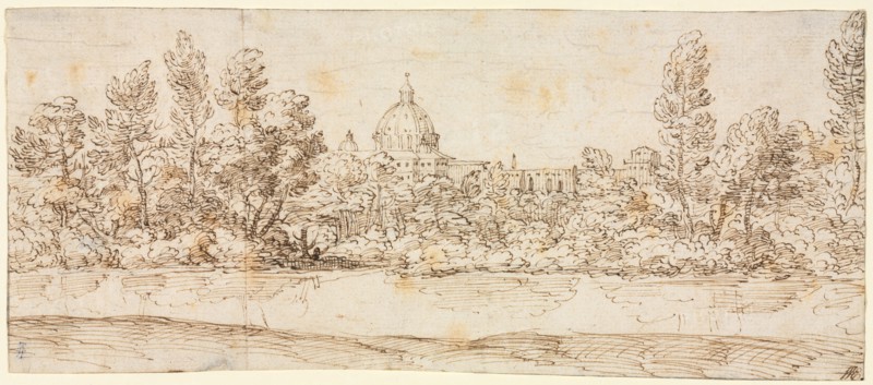 River Landscape with View of St. Peter's Basilica, after 1660. Circle of Giovanni Francesco Grimaldi (Italian, 1606-1680). Pen and brown ink over black chalk; framing lines in graphite; sheet: 11.4 x 26.5 cm (4 1/2 x 10 7/16 in.).