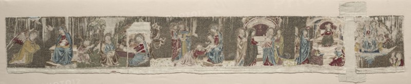 Scenes of the Life of the Virgin, from an Embroidered Altar Frontal, 1330s or 1340s. Italy, Florence, 14th century. Silk, gold thread, linen; raised work, embroidery: split, stem, running, fishbone, and couching stitches; overall: 18 x 126 cm (7 1/16 x 49 5/8 in.)