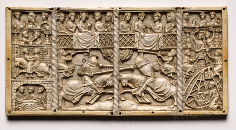 Three Panels from a Casket with Scenes from Courtly Romances , c. 1330-1350 or later. France, Lorraine?, Gothic period, 14th century. Ivory; overall: 13 x 26.2 x 1 cm (5 1/8 x 10 5/16 x 3/8 in.).