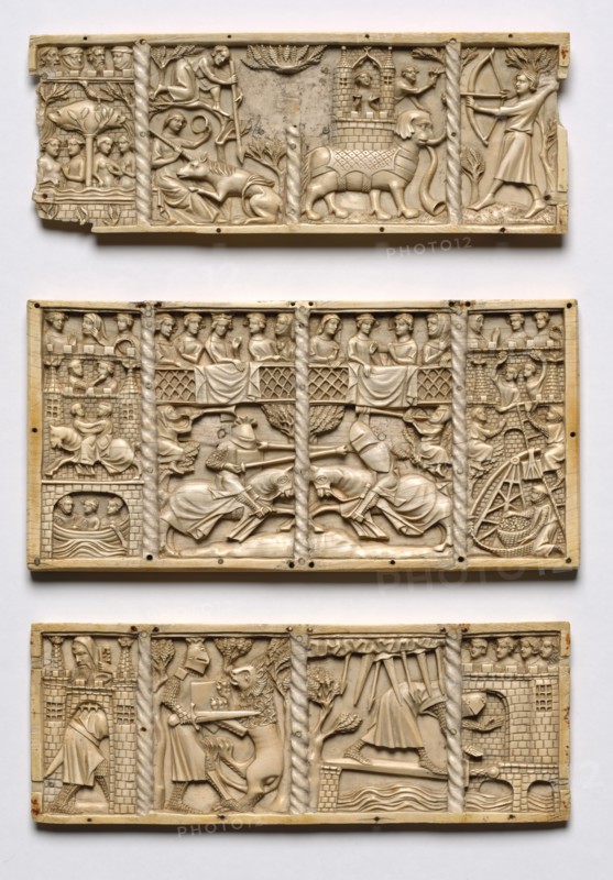 Set of Three Panels from a Casket with Scenes from Courtly Romances, c. 1330-50. France, Lorraine?, Gothic period, 14th century. Ivory; overall: 13 x 26.2 x 1 cm (5 1/8 x 10 5/16 x 3/8 in.).