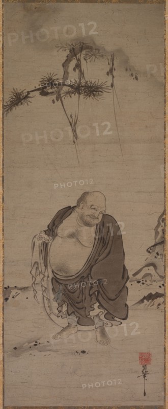 Hotei, late 1300s-early 1400s. Kichizan Mincho (Japanese, 1352-1431). Hanging scroll; ink and slight color on paper; image: 77.5 x 31 cm (30 1/2 x 12 3/16 in.); overall: 160 x 43.8 cm (63 x 17 1/4 in.).