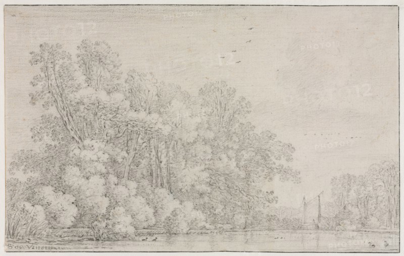 River Landscape, c. 1650?. Simon de Vlieger (Dutch, 1601-1653). Black chalk; framing lines in black ink and brown ink (left); sheet: 18.3 x 29.2 cm (7 3/16 x 11 1/2 in.); secondary support: 29.6 x 42.9 cm (11 5/8 x 16 7/8 in.).