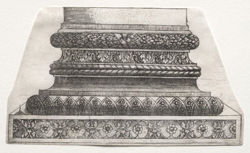 Base and Capital with Figure of Fame and Winged Horses (base), c. 1525-1550. Master G. A. with the man-trap (Italian, active 1525-50). Engraving