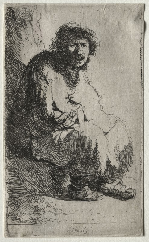 Beggar Seated on a Bank, 1630. Rembrandt van Rijn (Dutch, 1606-1669). Etching; sheet: 11.8 x 7 cm (4 5/8 x 2 3/4 in.); platemark: 11.6 x 6.8 cm (4 9/16 x 2 11/16 in.)