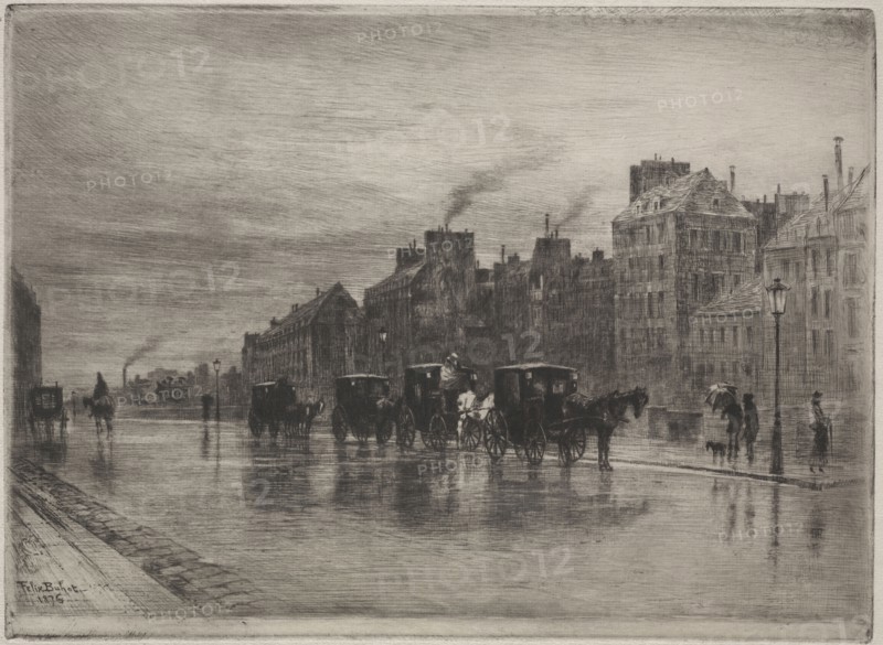 A Winter Morning on the Quai de L'Hotel-Dieu, 1876. Félix Hilaire Buhot (French, 1847-1898). Etching, drypoint, roulette and aquatint; sheet: 31.5 x 45.3 cm (12 3/8 x 17 13/16 in.); platemark: 23.5 x 32.1 cm (9 1/4 x 12 5/8 in.)
