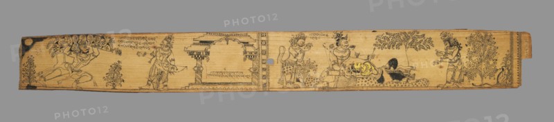 The Monkeys and Bears Fight Ravana and His Demons (verso), late 1700s. India, Orissa, late 18th century. Black ink and yellow pigment on palm-leaf; overall: 4.8 x 40.2 cm (1 7/8 x 15 13/16 in.).