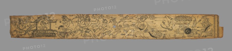 Hanuman Brings the Mountain of Healing Plants; Rama Extracts the Arrow from Lakshmana as Hanuman and a Bear Prepare to Treat Him (recto); The Monkeys and Bears Fight Ravana and His Demons (verso), from a Lavanyavati, late 1700s. India, Orissa, late 18th century. Black ink and yellow pigment on palm-leaf; overall: 4.8 x 40.2 cm (1 7/8 x 15 13/16 in.).