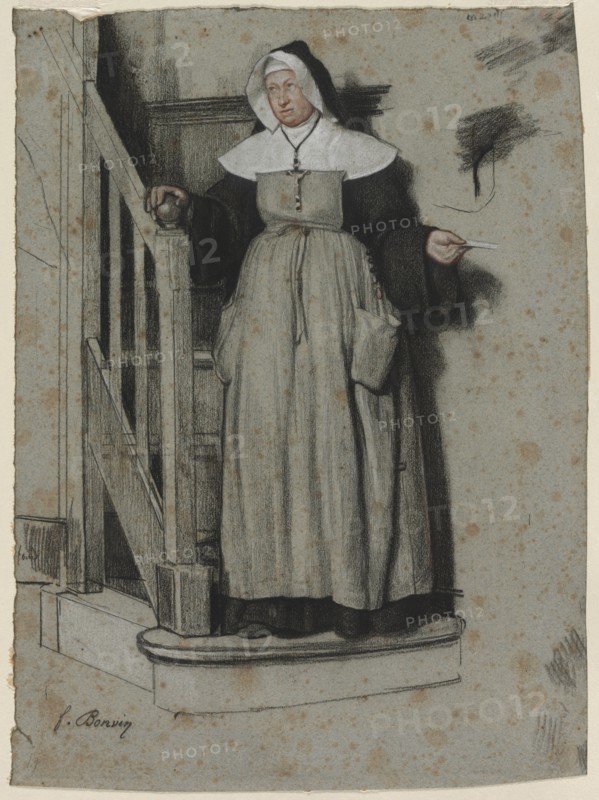 The Letter of Admission, Interior of a Convent, c. 1867. François Bonvin (French, 1817-1887). Black, white, and red crayon; sheet: 41.7 x 30.5 cm (16 7/16 x 12 in.).