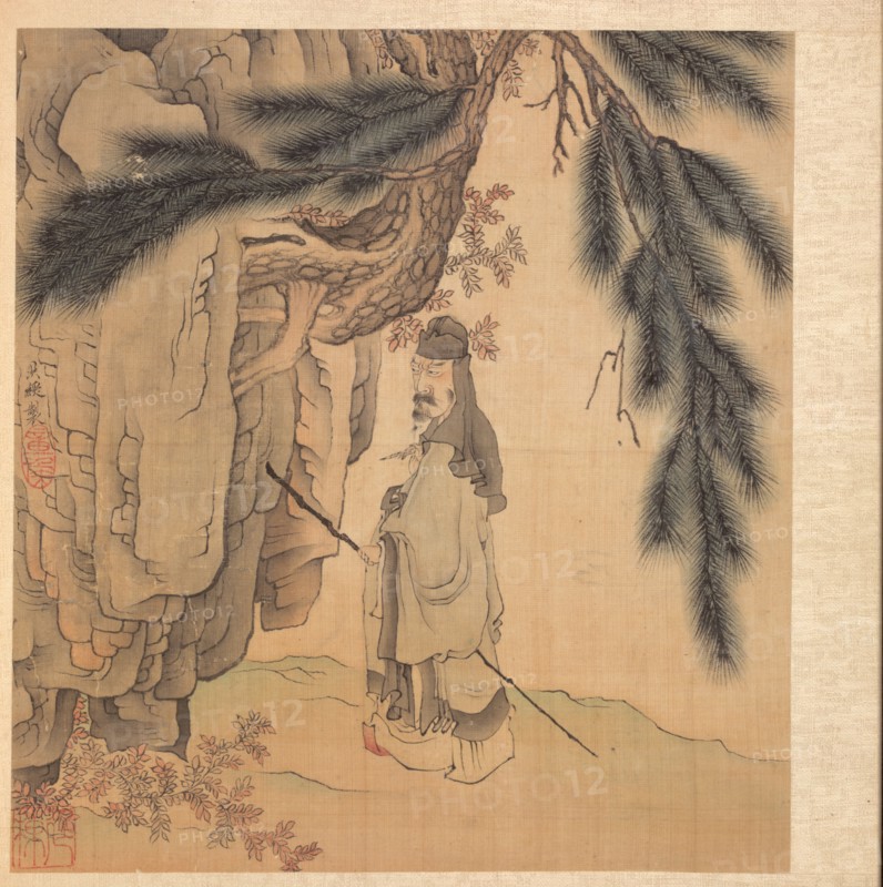 Paintings after Ancient Masters: Scholar with Staff and Brush, 1598-1652. Chen Hongshou (Chinese, 1598/99-1652). Album leaf, ink and color on silk; overall: 30.2 x 26.7 cm (11 7/8 x 10 1/2 in.).